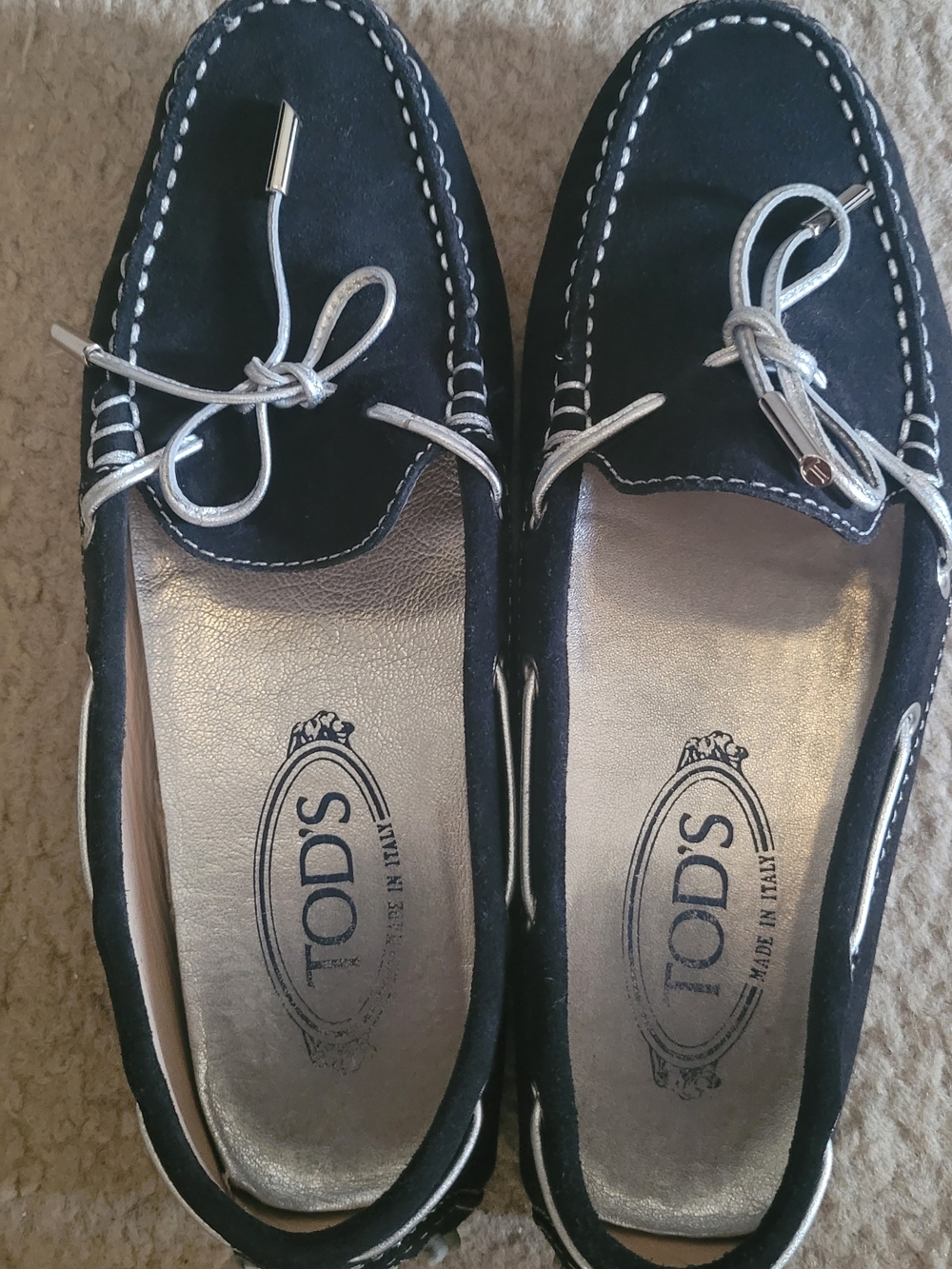 TOD'S Navy Suede Loafers with Silver Accents